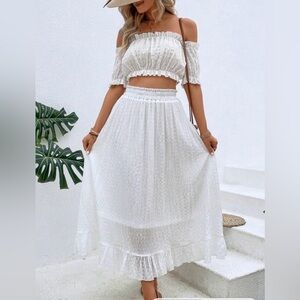 Off Shoulder Frill Trim Crop Top & Ruffle Hem Skirt